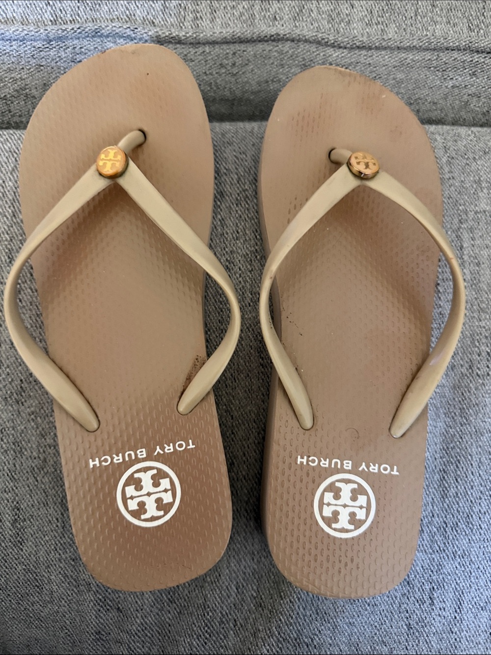 Tory Burch Beige Brown Logo Flip Flops